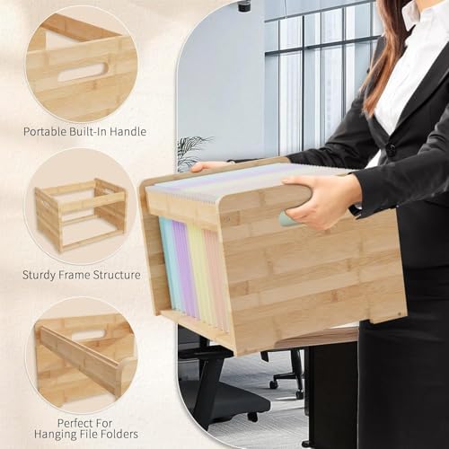 Bamboo Hanging File Organizer, Desktop File Box, Open Top, 2 Pack, Natural | Open-Top Access, 4 Hanging Folders Included, Letter & Legal Files, Sliding Rails, Reinforced Handles, Easy Assembly