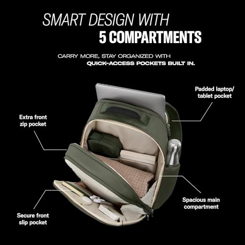 Samsonite Paralux Everyday Backpack - Laptop & Tablet Backpack with 5 Compartments, Removable TecKit™ Pouch, Microsuede Trim, Water Bottle Pockets - Work, Commute & Travel Bag - Olive