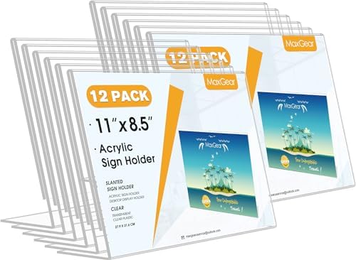 MaxGear Acrylic Sign Holder 8.5x11 Inches Horizontal 12 Pack, Slant Back
