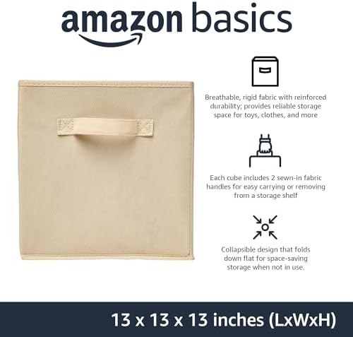 Amazon Basics Collapsible Fabric Storage Cube Bins Organizer with Handles for Organization and Organizing Solution, 13"x13"x13", Beige, 6-Pack