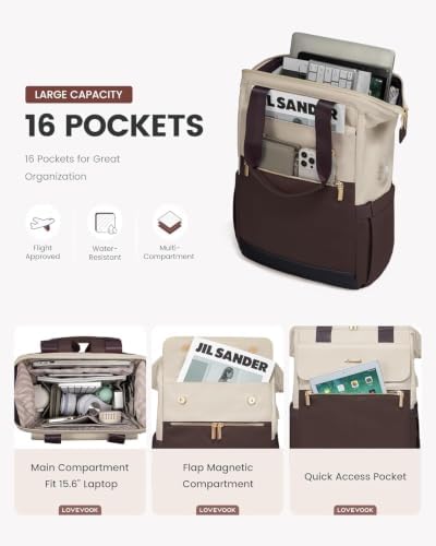 LOVEVOOK Laptop Backpack for Women with Giant Tumbler Holder, 15.6 Inch Work Laptop Bag with USB Port, Fashion Teacher Nurse Backpack Purse, Waterproof Travel Computer Backpack, 2PCS, Apricot-Coffee
