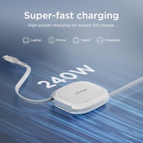 Lenovo 240W USB-C Retractable Cable, PD Fast Charging USB-C to USB-C, Smart Retractable Design, 1.2m (3.94 Ft), 480Mbps Data Transfer, Compact Portable Charger Cable for Laptop Tablet Phone, White