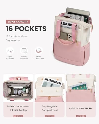 LOVEVOOK Laptop Backpack for Women, 15.6 Inch Work Laptop Bag with USB Port, Fashion Teacher Nurse Backpack Purse, Waterproof Travel Computer Backpack with Organizer Bag, 2PCS, Beige-Pink