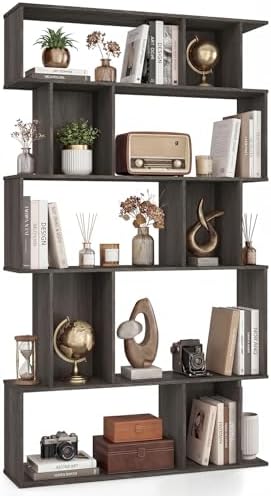 Giantex 5-Tier Bookshelf, 10-Cube Geometric Book Case with 5 Closed-Back Cubbies, Anti-toppling Kits, Open Display Storage Shelf for Living Room, Home Office, Bedroom, Gray