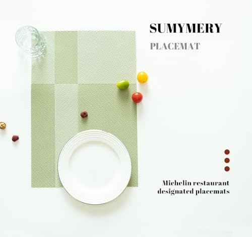 Placemats Set of 12 Vinyl/Plastic Woven Place Mats for Kitchen Table Indoor/Outdoor Washable Placemat Wipeable Dining Table Mats (Green Cube,12)