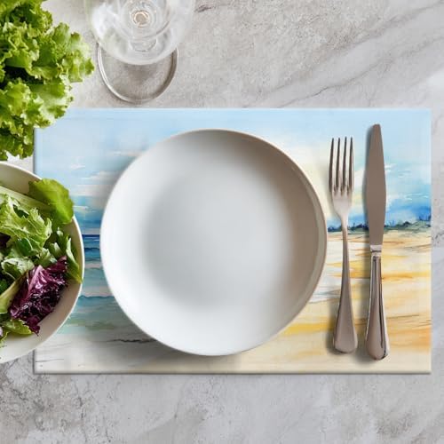 Batmerry Beach Scene Linen Placemats Set of 6, Serene Ocean View Washable Table Mats for Kitchen Table Thickened Heat Insulation Dining Set Indoor Outdoor 12X18 in