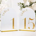 White Arch Wedding Table Numbers 1-15, Gold Numbers and Stands