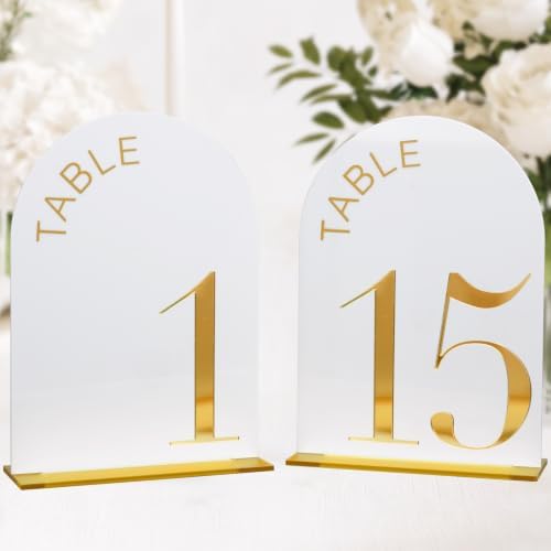 White Arch Wedding Table Numbers 1-15, Gold Numbers and Stands