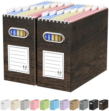 Oterri Portable Collapsible Cardboard File Box with Handle for Letter-Size | 2-Pack. Stainless Steel Handle. Label Stickers Included. Fits Letter Folders (Not Included). Home, Office, School, Dorm, Tax.