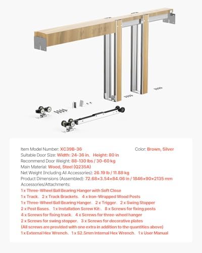 VEVOR Pocket Door Frame Kit, for 24-36 in Wide 80 in High Door, Pocket Door Kit with Two-Way Soft Close Mechanism, Slide Smoothly Quietly, Easy to Install, Wood and Galvanized Steel, for Living Room