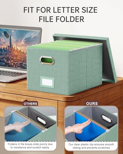 Oterri File Organizer, File Box, File Cabinet for Letter File Folder Storage, Portable Storage Bins with Lids for Office/Decor/Home,Document Organizer, 1 Pack,Green-Box Only