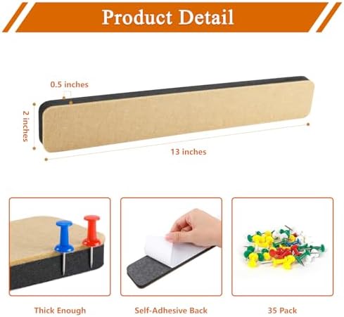 8Pcs Rectangle Felt Cork Board Bar Strips with 35 Pushpins, Self-Adhesive Bulletin Board Strips for Office School Home Wall Decor Stickers Memos Schedules Photos Display -Gradual Red