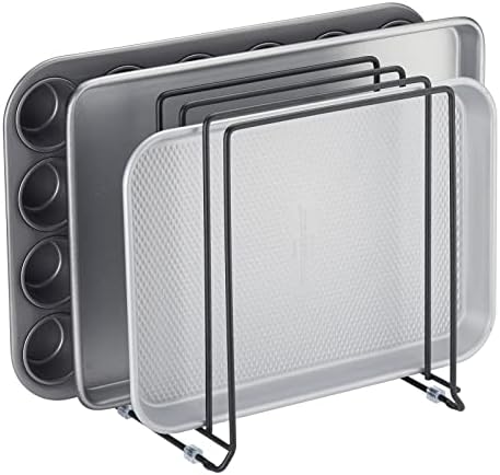 mDesign Pot Lid and Pan Rack — Metal Wire Rack for Cabinets, Pantries or Kitchen Surfaces — Freestanding Pan Stand with 5 Slots for Pans, Pots, Lids and Crockery — Black
