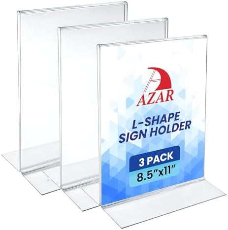 Azar Displays 152430-3PK Bottom Load Sign Holder 8.5x11 Clear Flexible Plastic Display Stand for Menus, Signs Vertical Tabletop Frame, Pack of 3