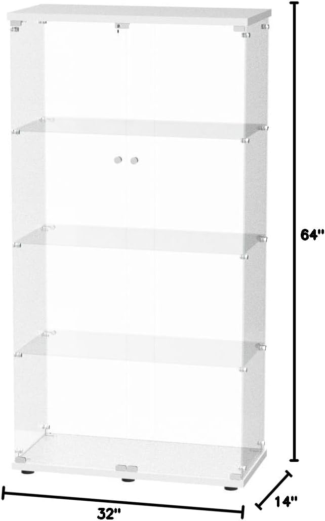 FLYMUHJIA Glass Display Cabinet Kitchen Pantry Storage Cabinet Corner Bar Cabinet with Four Level Double-Door, 64”hx32''lx 14''w White