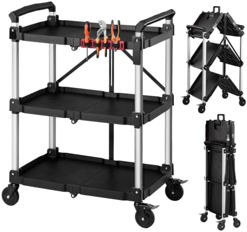 VEVOR 3 Shelf Heavy Duty Folding Jobsite Cart, 3 Tier Rolling Cart with Side Tool Holder & 360° Swivel Wheels (2 Brakes), 300 LBS Folding Utility Cart, Tool Storage for Garage Warehouse Workshop