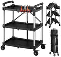 VEVOR 3 Shelf Heavy Duty Folding Jobsite Cart, 3 Tier Rolling Cart with Side Tool Holder & 360° Swivel Wheels (2 Brakes), 300 LBS Folding Utility Cart, Tool Storage for Garage Warehouse Workshop