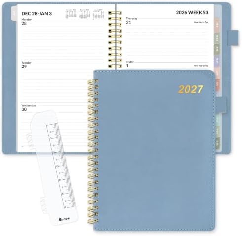 SUNEE 2027 Weekly & Monthly Planner 6.2"x8.5"- 12 Month (January 2027 - December 2027), Vegan Leather Cover, Pocket, Bookmark, Notes, Monthly Tab, Gray Blue
