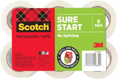 Scotch Sure Start Packing Tape Clear | Quiet Unwind | Easy Start Technology | 1.88 in x 25 yd | 6 Rolls, Pack of 6