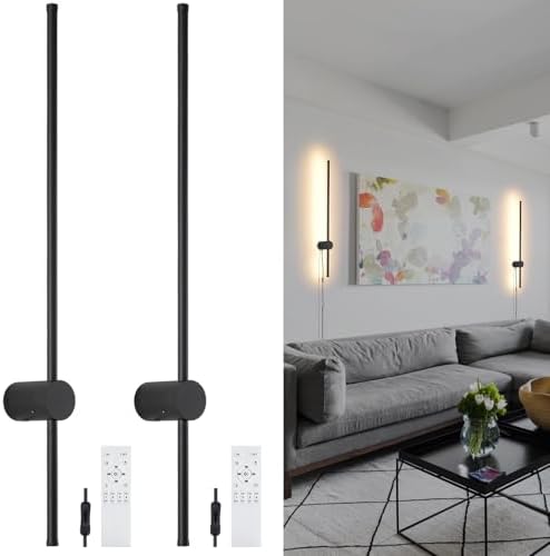 KELUOLY Dimmable Plug in Wall Sconce Set of 2,Black 31.5" LED Wall Light with Remote,Adjustable Color Temperature Brightness,Wall lamp with Timer for Living Room,Bedroom and Accent Lighting