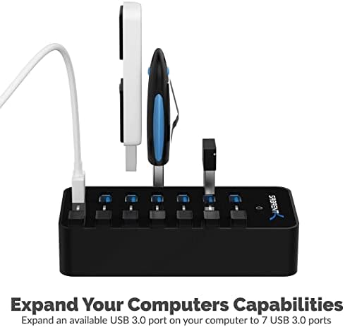 36W 7 Port USB 3.0 Hub with Individual Power Switches and LEDs Includes 36W 12V/3A Power Adapter+USB 3.0 Extension Cable A Male to A Female [Black] 3 Feet