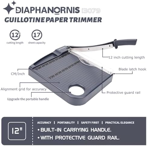 12" Paper Cutter, Precision Cut with Safety Protection and Blade Lock, 12 Sheets Capacity, Great for Cardstock, Cardboard, Photo, Vinyl, Crafts, Scrapbook (Grey)