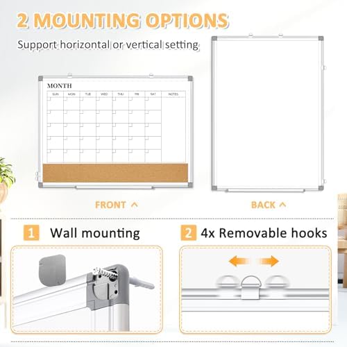 Monthly Dry Erase Calendar Whiteboard with Cork Board, 24" x 18", Silver