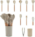 GreenLife 11 Piece Silicone Utensil Crock Set, Nonstick Kitchen Tools, Ladle, Turner, Slotted Turner, Spatula, Spoon, Spaghetti Server, Brush, Whisk, Tongs, Crock, Taupe