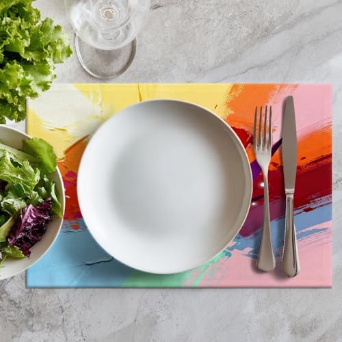 Batmerry Yellow Abstract Oil Painting Linen Placemats Set of 6, Red Contemporary Floral Washable Table Mats for Kitchen Table Thickened Heat Insulation Dining Set Indoor Outdoor 12X18 in