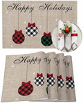 Christmas Theme Placemats Set of 4, Farmhouse Rustic Ornaments Plaid Balls Cotton Line Stain Resistant Table Mats Washable Holidays Placemat Decoration For Kitchen Dining Table Happy Holidays
