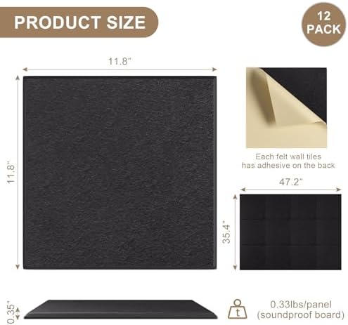 Large Felt Bulletin Board 48" x 36" Self Adhesive Cork Board Alternative 12 Pack Felt Wall Tiles Cork Boards For Walls Thick Slat Wall Panels For Home Office Classroom Decor Pin Board-Black