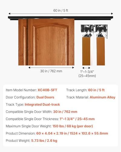 VEVOR Bypass Sliding Door Hardware Kit, 5 ft Aluminum Alloy Dual-Track Bypass Door Hardware, Smooth and Quiet Sliding, Easy to Install, for 1" to 1 3/4" Thickness 30" Width 2 Door System, for Closet