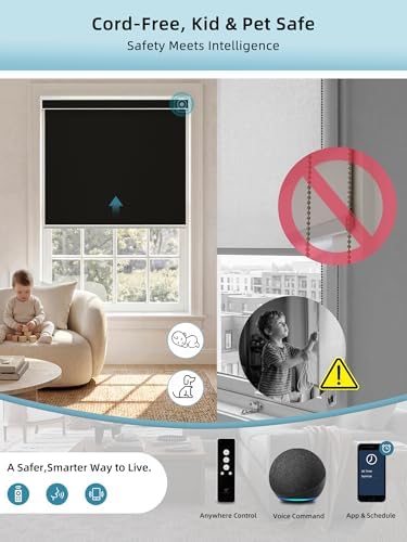 SmartWings Motorized Smart Roller Shades, 100% Blackout Vinyl Black