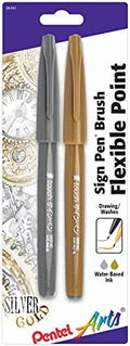 Pentel Arts Sign Pen Touch, Fude Brush Tip, Gold/Silver, Pack of 2 (SES15CBPXZ)