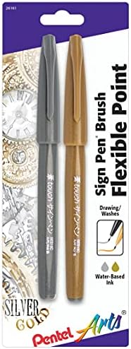 Pentel Arts Sign Pen Touch, Fude Brush Tip, Gold/Silver, Pack of 2 (SES15CBPXZ)