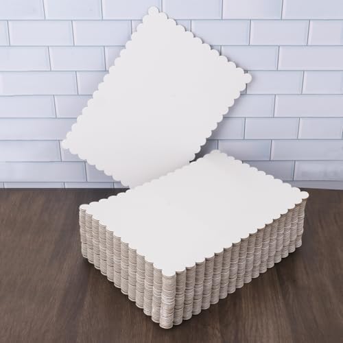 50 Pcs White Cake Boards, 14 x 10 Inch Rectangular Cardboard Cake Base, Scalloped Edges, Disposable Paper Cake Board for Elegant Dessert Presentation & Versatile Use