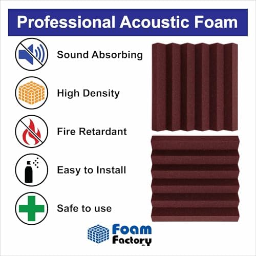Foam Factory Inc 24 Pack Color Acoustic Foam Panel Studio Soundproofing Wedge Wall Tiles 12” X 12” X 2” (Burgundy)
