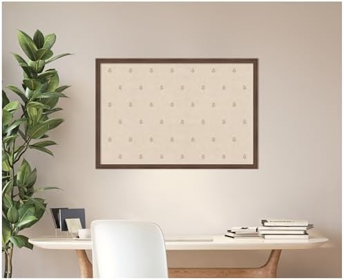 Kate and Laurel Framed Fabric Pinboard 38 x 26, Beige Botanical Block Print Printed Linen Classic Bulletin Board for Use as a Vision Board or Wall Organization, Florence Medium Brown Frame