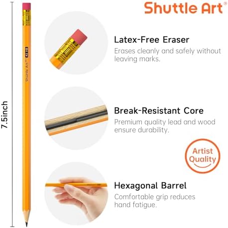 Shuttle Art 60 Pack Pencils, #2 HB, Pre-sharpened Pencils with Top Erasers, Premium Woodcased Yellow Pencil Bulk for Classroom & School Supplies, Writing and Drawing