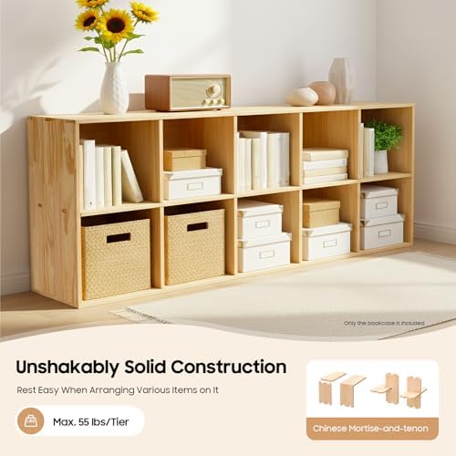 10 Cube Storage Organizer - Solid Wood Bookshelf - Cube Shelf - Vertical or Horizontal Bookcase - Open Book Shelf - Easy Assembly for Bedroom, Living Room, Office