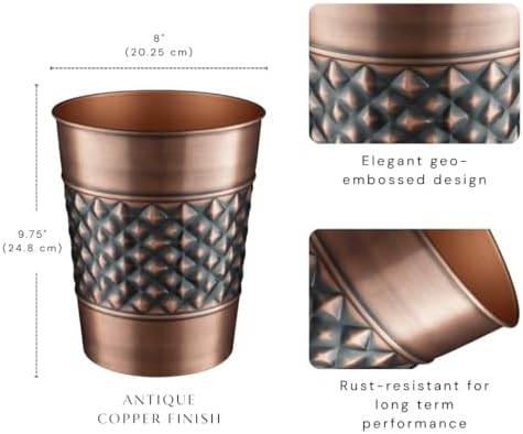 Monarch Abode Metal Bathroom Trash Can – Waste Basket for Bedroom, Office Desk, & Dorm, Handcrafted Geo Embossed, Durable Decorative Antique Copper Small Trash Can Bathroom Garbage Bin Wastebasket