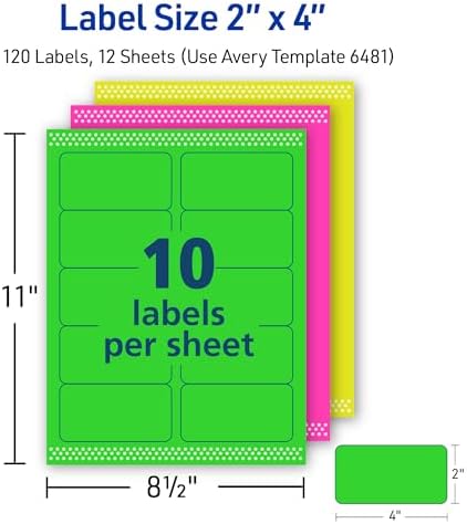 Avery Printable Labels with Sure Feed, 2" x 4", Assorted Neon Colors (Green, Magenta, and Yellow), Removable Adhesive, Laser & Inkjet Compatible, 120 Blank Labels per Pack (5-Pack of 6481)