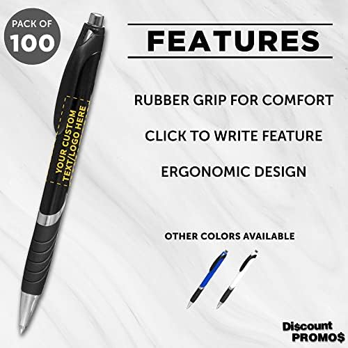 DISCOUNT PROMOS Ballpoint Pens With Rubber Grip - 100 pack - Customizable Text, Logo - Black Ink Ball Point Pen with Soft Touch Plastic - Black