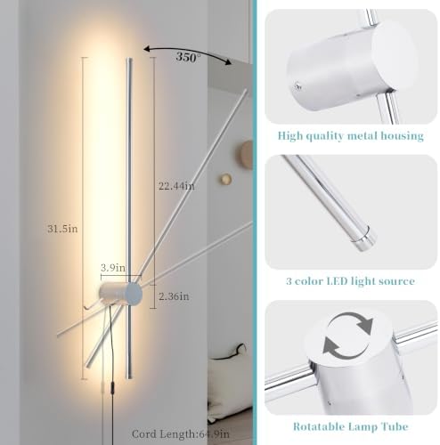 KELUOLY Modern Chrome Plug in Wall Sconce with Remote, Dimmable 31.5" LED Wall Sconces Set of Two with Memory Function, Adjustable Color Temperature Brightness, Timer, 350° Rotate, Hardwire or Plug-in