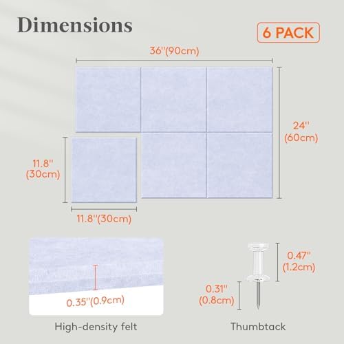 Lifewit 36"x 24" Felt Bulletin Board with Self-Adhesive, 6 Pack Cork Board Alternative for Walls, Large Pin Board Vision Board Message Board with 30 Pushpins for Office Decor, Room Decor, Periwinkle
