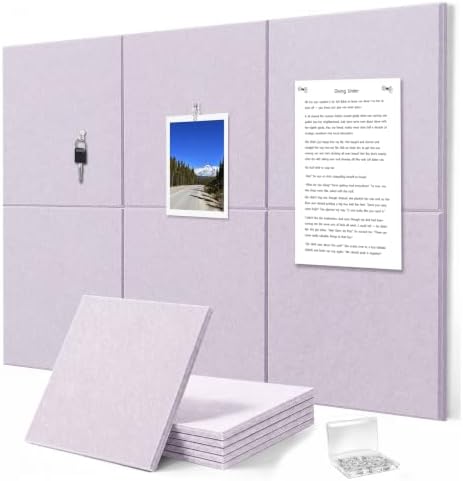 Felt Wall Tiles Bulletin Board Large Cork Board Alternative 6 Pack 11.81”x11.81”x0.47” Felt Pin Board Tack Board with Safe Removable Adhesive Tabs for Home Office School 36x24 (Light Purple)