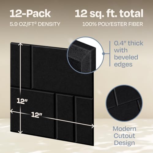 Acoustic Panels 12-Pack Soundproof Wall Panels 12"x12"x0.4" Decorative Sound Dampening for Your Home, Office, Studio, Bedroom & More with Unique GridFrame Carving [Deep Black]