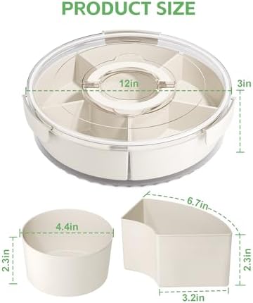 Divided Rotating Serving Tray with Lid and Handle, Portable Snackle Box for Fruits Snacks Veggie Charcuterie, Clear Lazy Susan Organizer and Fridge Storage Container for Adults Child (2PCS,12" L