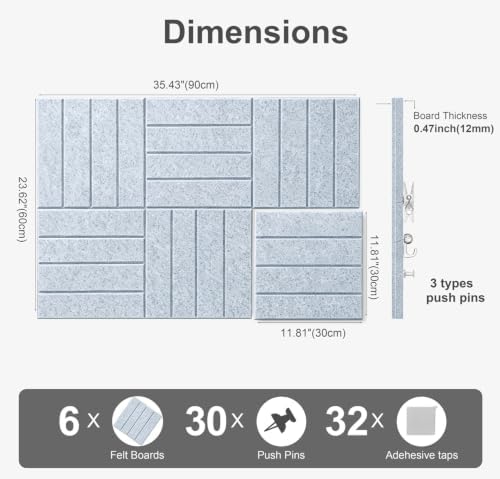 0.47" Thick Felt Wall Tiles 36"x24" Cork Board Alternative 6 Pack 11.81"x11.81"Felt Bulletin Board Pin Board with Removable Adhesive Tape&30 Pushpins for Home Office School(Bold-Silver Grey)