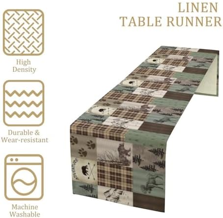 Rustic Moose Deer Bear Table Runner, Retro Vintage Bear Cottage Country Style Cabin Farmhouse Dinner Runner for Home Kitchen Dining Table Decoration 13"x120"
